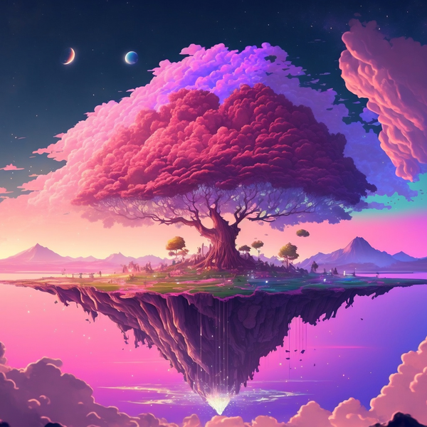 A very pink tree on a floating island