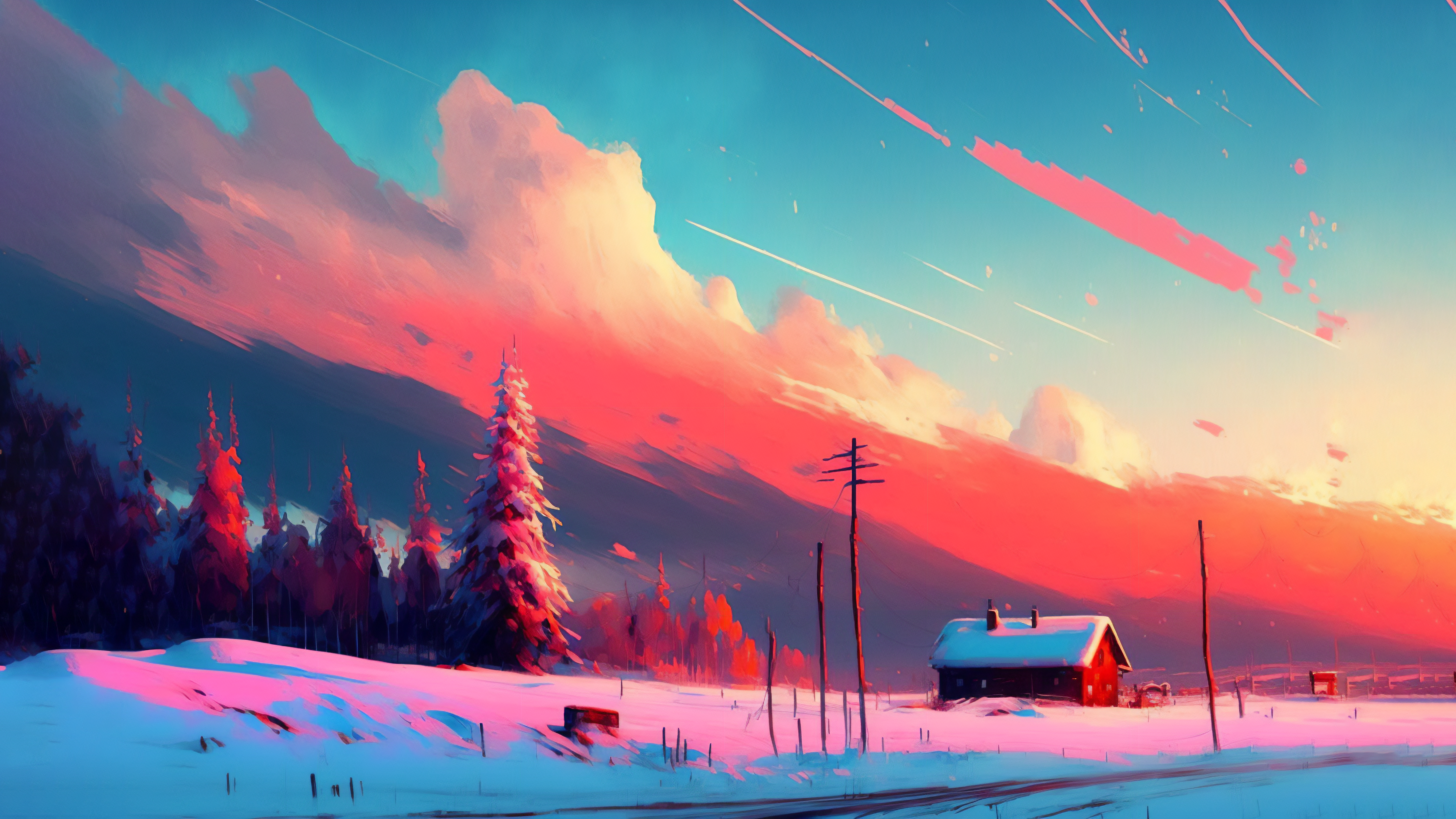 A sunset in a snowy land with a cabin